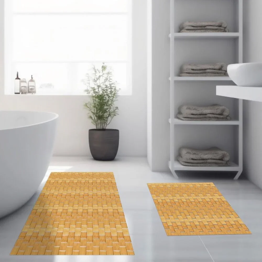 2 Pcs Bathroom Bamboo Bathmat Set 16 x 48 Inch and 16 x 24 Inch